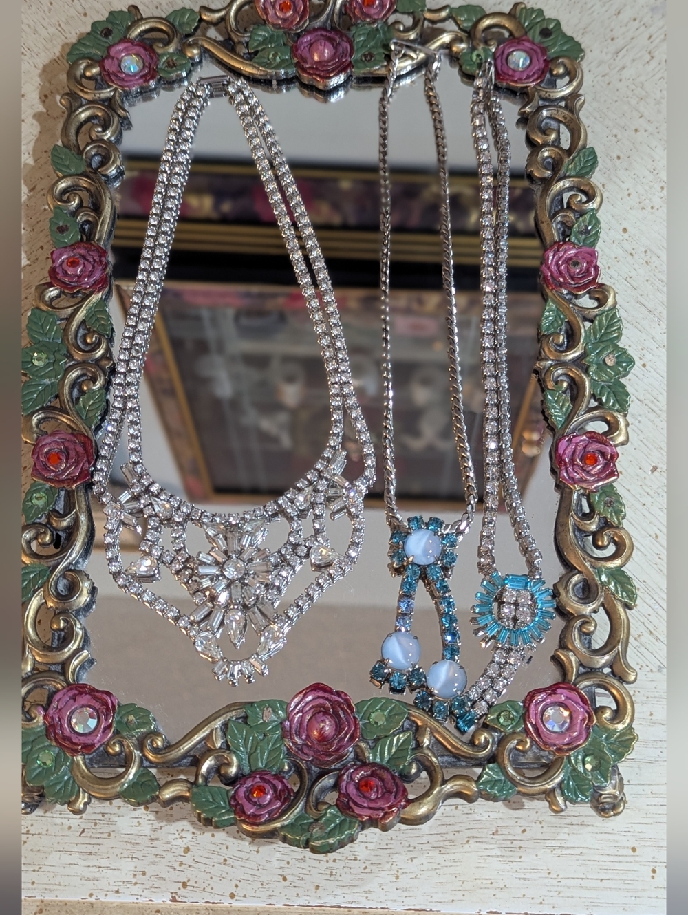Vintage Silver Crystal Statement Necklace with Blue Accents
